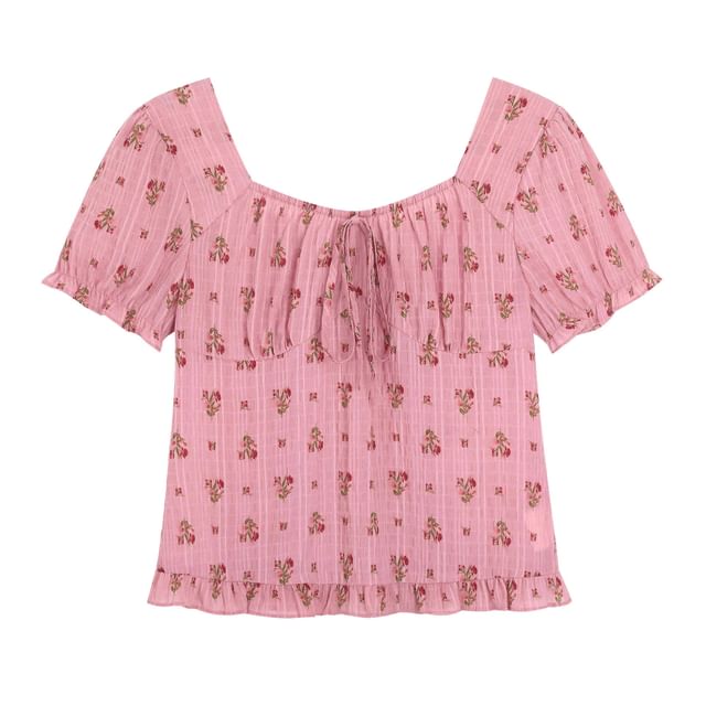 Short-Sleeve Square Neck Floral Bow Blouse