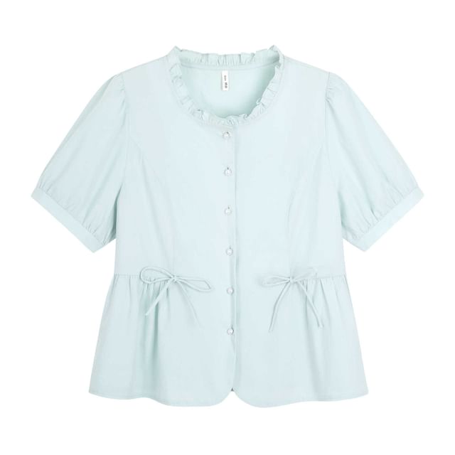 Short-Sleeve Crew Neck Plain Bow Blouse