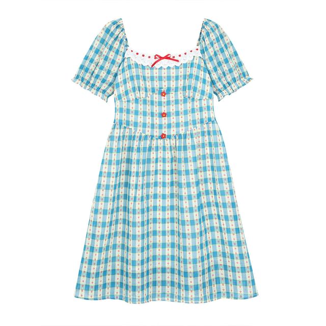 Short-Sleeve Square Neck Plaid Bow A-Line Dress (Various Designs)