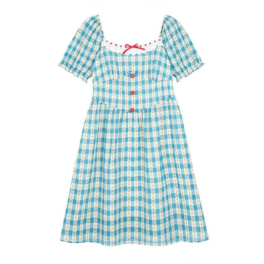 Short-Sleeve Square Neck Plaid Bow A-Line Dress (Various Designs)