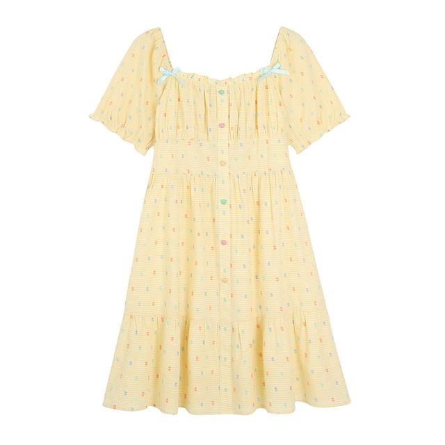 Short-Sleeve Square Neck Plaid Bow A-Line Dress (Various Designs)