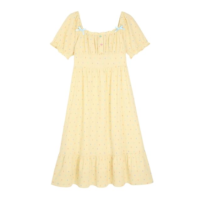 Short-Sleeve Square Neck Plaid Bow A-Line Dress (Various Designs)