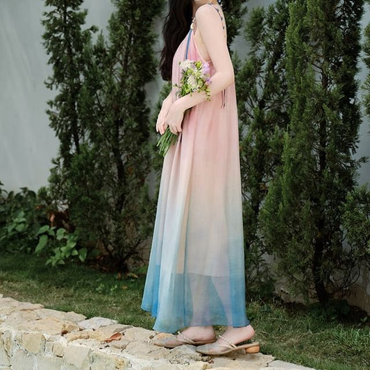 Spaghetti Strap Gradient Maxi A-Line Dress / V-Neck Plain Crochet Cardigan / Set