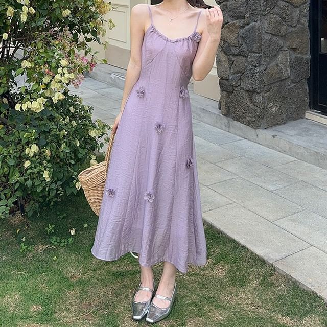 Spaghetti Strap V-Neck Plain Floral Applique Maxi A-Line Dress / Plain Cardigan / Set