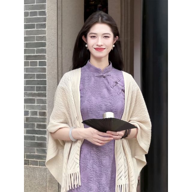 Cap Sleeve Jacquard Maxi Sheath Qipao / Plain Fringe Shawl / Set