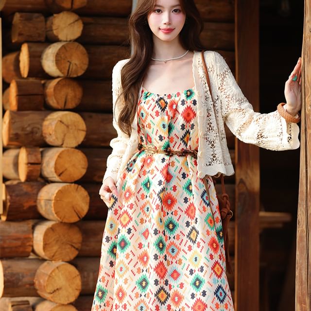 Spaghetti Strap Print Maxi A-Line Dress / V-Neck Plain Crochet Cardigan / Belt / Set