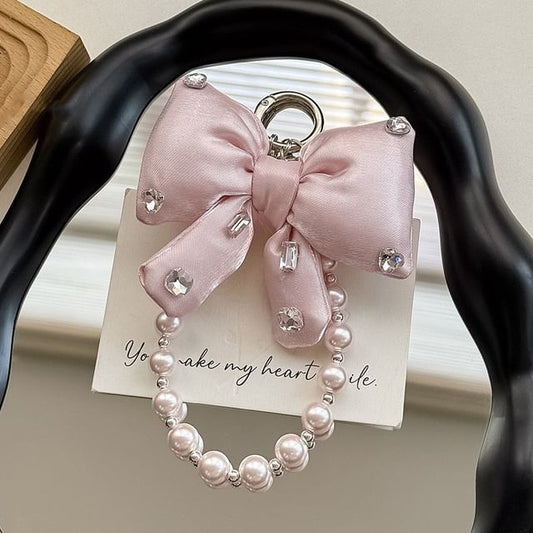 Phone Lanyard Pearl Rhinestone Pad Charm Bow Faux with