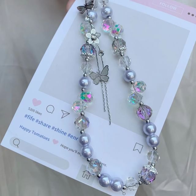 Butterfly Wrist Faux Strap Lanyard Pearl Pad with Phone