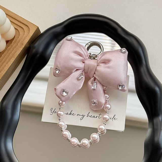 Phone Lanyard Pearl Rhinestone Pad Charm Bow Faux with