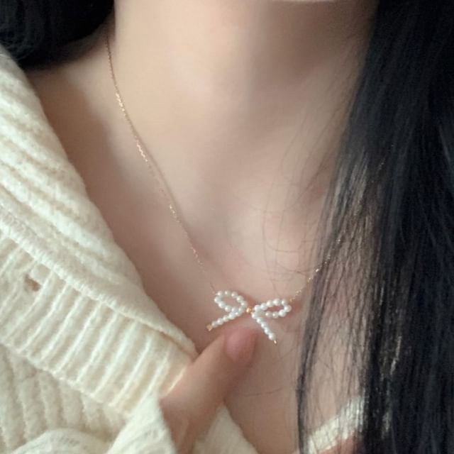 Silver 925 Bow Beaded Necklace Sterling