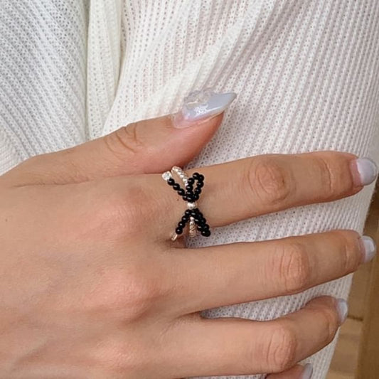 Beaded Elastic Bow Sterling Ring Silver 925