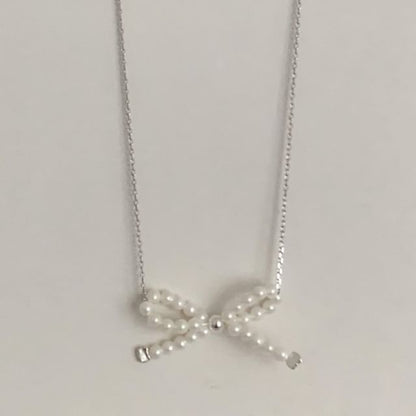 Silver 925 Bow Beaded Necklace Sterling