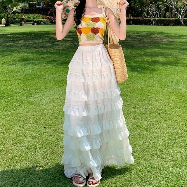 Spaghetti Strap Scoop Neck Crochet Crop Camisole Top / Crop Light Cardigan / High Waist Plain Ruffle Trim Maxi A-Line Skirt