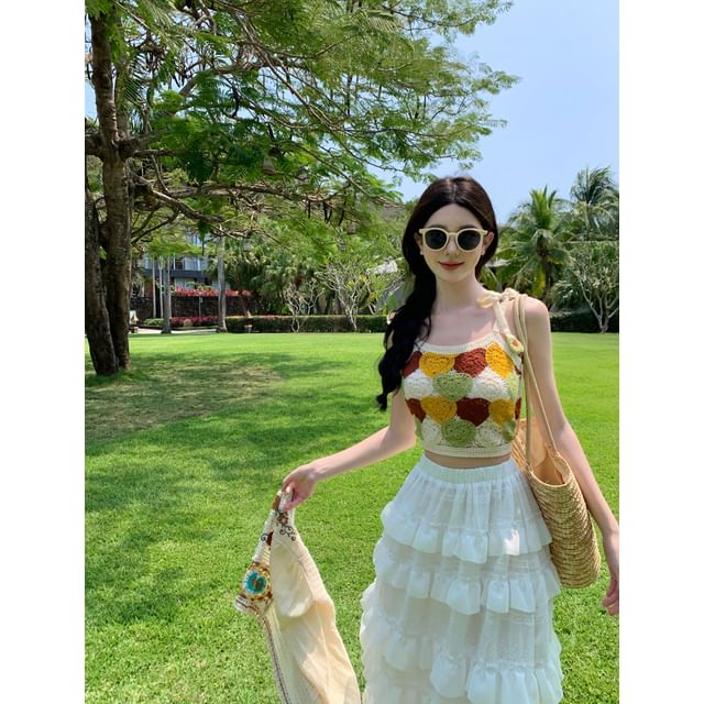 Spaghetti Strap Scoop Neck Crochet Crop Camisole Top / Crop Light Cardigan / High Waist Plain Ruffle Trim Maxi A-Line Skirt