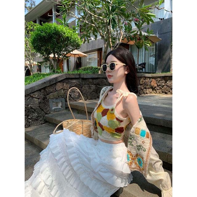 Spaghetti Strap Scoop Neck Crochet Crop Camisole Top / Crop Light Cardigan / High Waist Plain Ruffle Trim Maxi A-Line Skirt