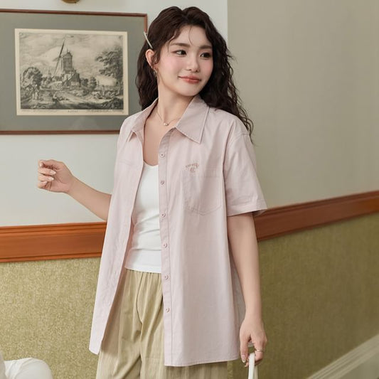 Short-Sleeve Letter Embroidered Button-Up Shirt