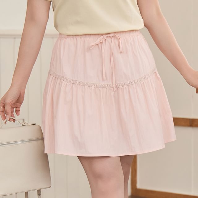 High Rise Plain Lace Trim Mini A-Line Skirt