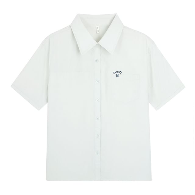 Short-Sleeve Letter Embroidered Button-Up Shirt