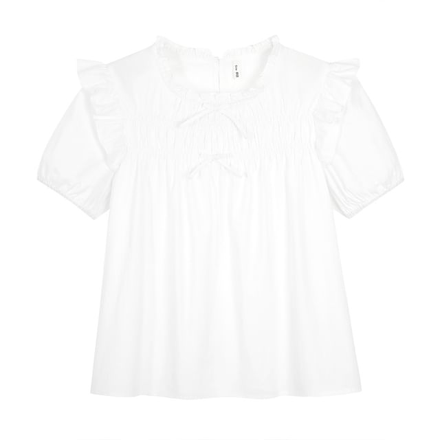 Puff-Sleeve Plain Ruffled Bow Blouse