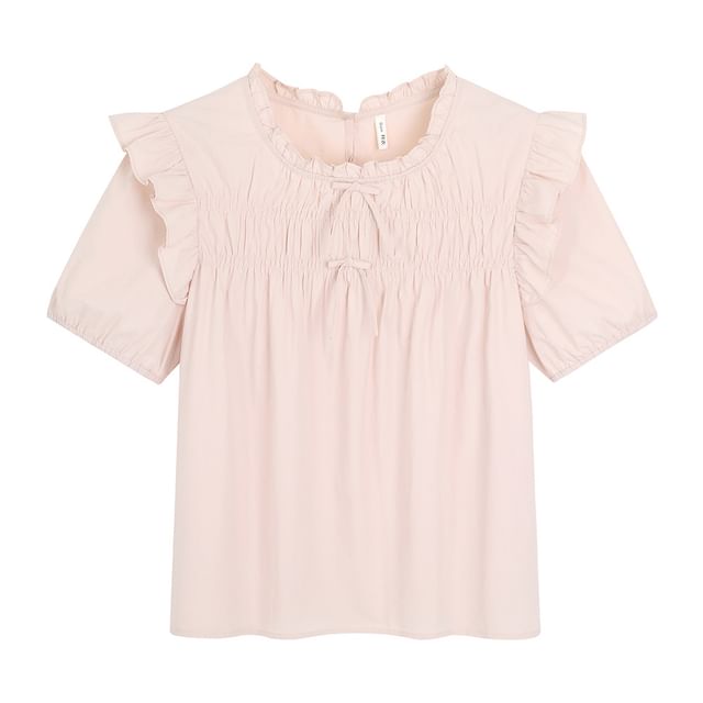 Puff-Sleeve Plain Ruffled Bow Blouse