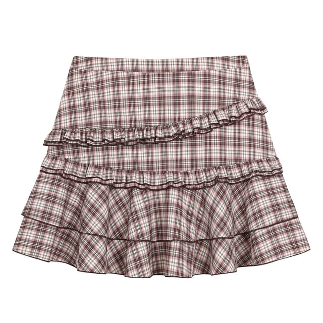 High Waist Plaid Ruffled Mini A-Line Skirt