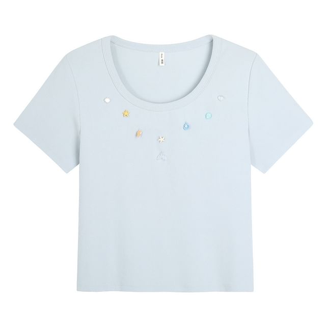 Short-Sleeve Scoop Neck Beaded T-Shirt
