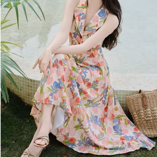 Sleeveless Collared Floral Print Button Maxi A-Line Dress / Plain Cardigan / Set