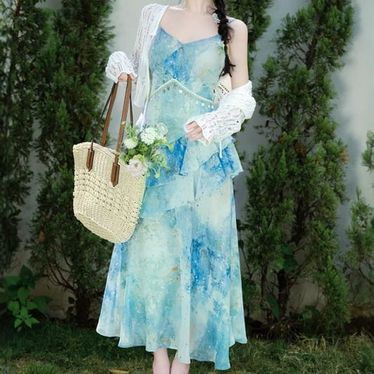 Spaghetti Strap V-Neck Floral Print Ruffle Maxi A-Line Dress / Plain Tie Front Cardigan / Set