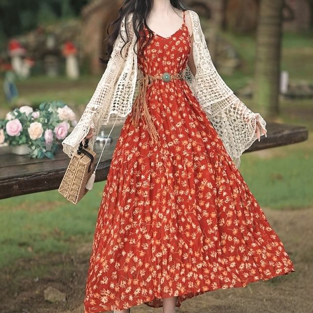 Spaghetti Strap V-Neck Floral Print Maxi A-Line Dress / Plain Crochet Cardigan / Belt / Set