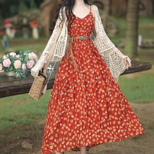 Spaghetti Strap V-Neck Floral Print Maxi A-Line Dress / Plain Crochet Cardigan / Belt / Set