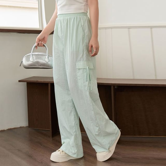Elastic Waist Plain Wide Leg Cargo Pants
