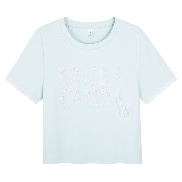 Short-Sleeve Crew Neck Lettering Sequin Embroidered Tee