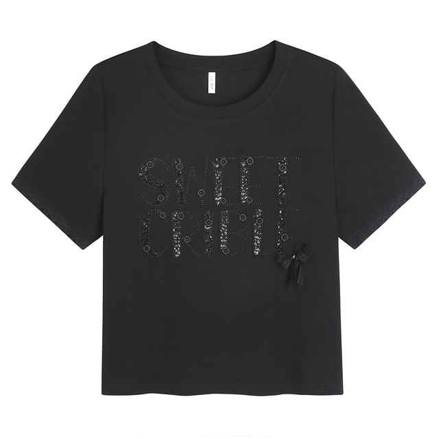 Short-Sleeve Crew Neck Lettering Sequin Embroidered Tee
