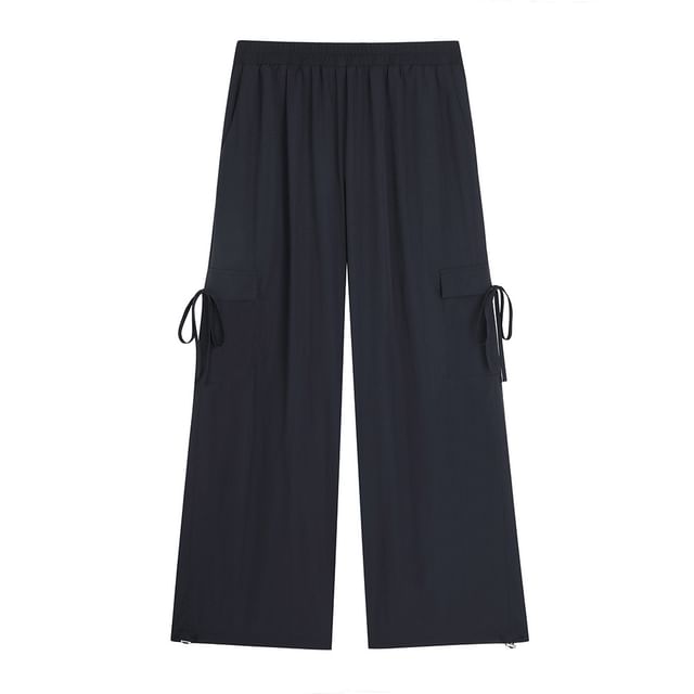 Elastic Waist Plain Wide Leg Cargo Pants