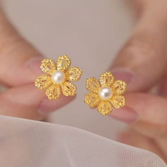 Alloy Earring Pearl Stud Floral Faux