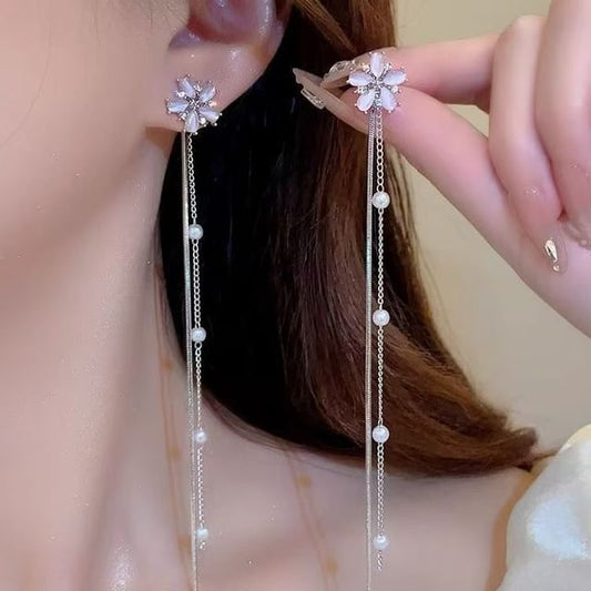 Pearl Gemstone Alloy Floral Faux Threader Earring