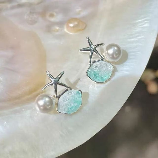 Pearl Rhinestone Starfish Earring Faux Stud Alloy