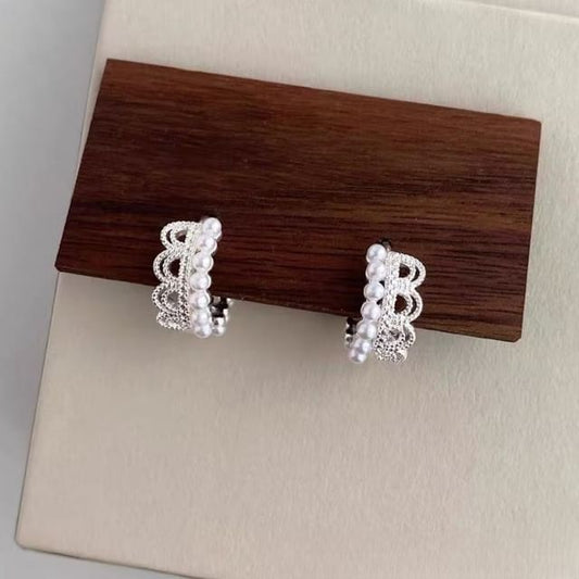Faux Pearl Earring Lace Huggie Alloy