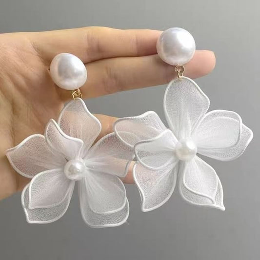 Floral Earring Faux Alloy Statement Mesh Pearl