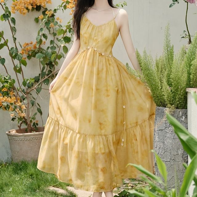 Halter V-Neck Tie Dye Maxi A-Line Dress / Plain Perforated Tie Front Cardigan / Set