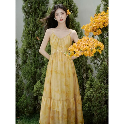 Halter V-Neck Tie Dye Maxi A-Line Dress / Plain Perforated Tie Front Cardigan / Set