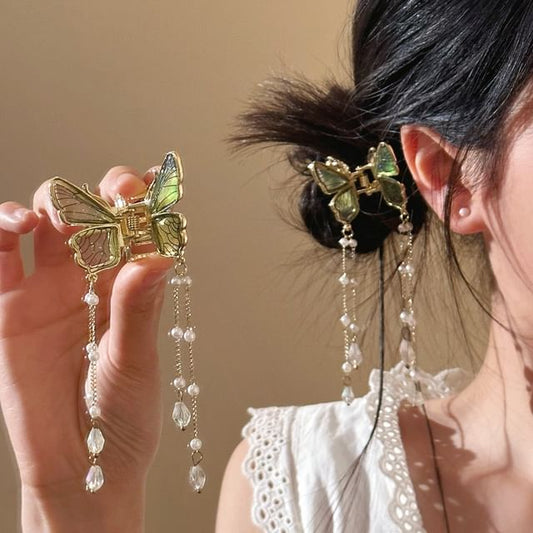 Pearl Butterfly Hair Faux Fringed Claw
