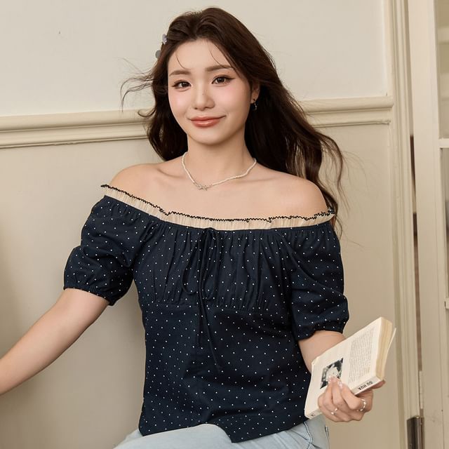 Plus Size Short-Sleeve Off Shoulder Dotted Ruffle Trim Top