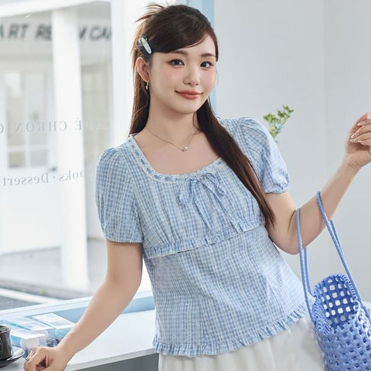 Plus Size Short-Sleeve Square Neck Plaid Tie Front Top