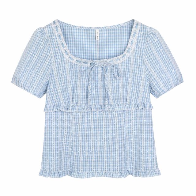 Plus Size Short-Sleeve Square Neck Plaid Tie Front Top