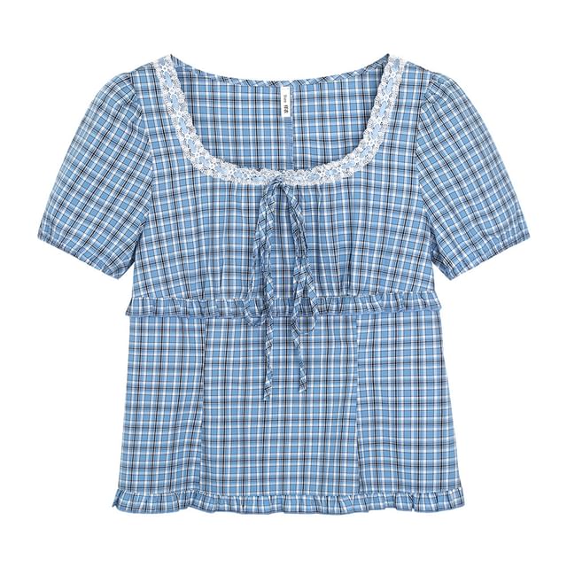 Plus Size Short-Sleeve Square Neck Plaid Tie Front Top