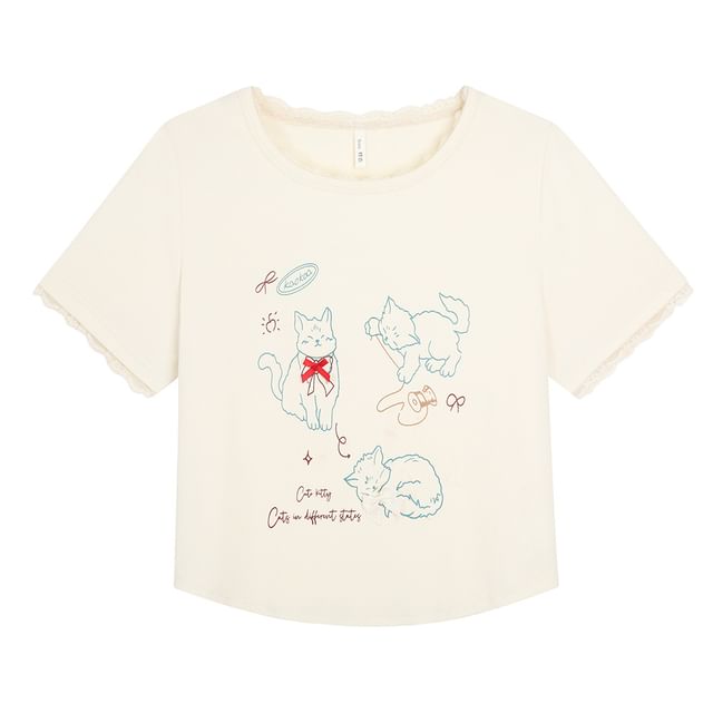 Plus Size Short-Sleeve Round Neck Cat Print T-Shirt