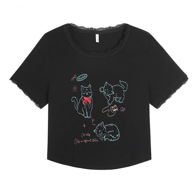 Plus Size Short-Sleeve Round Neck Cat Print T-Shirt