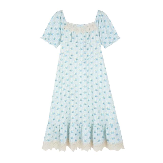 Plus Size Short-Sleeve Square Neck Floral Midi A-Line Dress