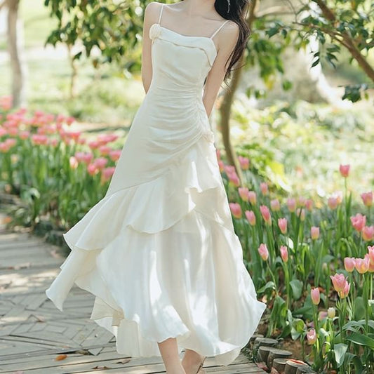 Spaghetti Strap Plain Asymmetrical Flower Accent Ruched A-Line Dress / Fringed Open Front Long Light Jacket / Set